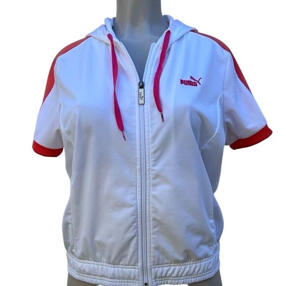 Puma Hoodie Jacket Women's Large White Orange Colorblock Short Sleeve Full Zip - Picture 1 of 13